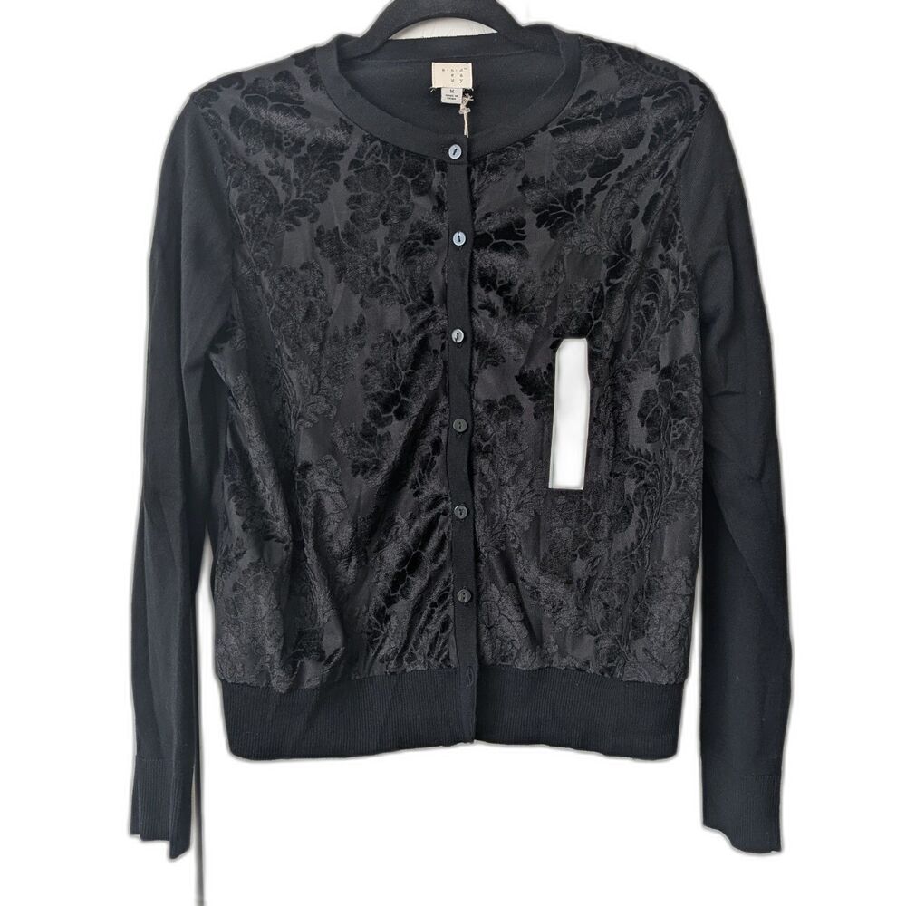 A New Day Whimsigoth Black Velvet Burnout Floral Cardigan Sweater M Fairy Grunge